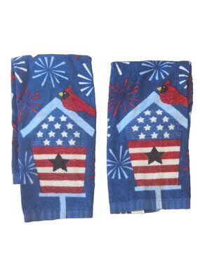 2 Patriotic Hand Towels All Cotton Kitchen or Bath Cardinal Birdhouse FIreworks